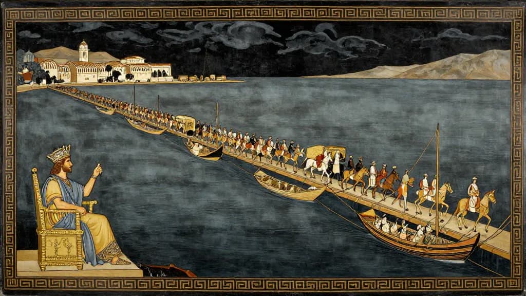 Xerxes' Hubris: The Bridge and the Crossing — Attic red-figure pottery painting